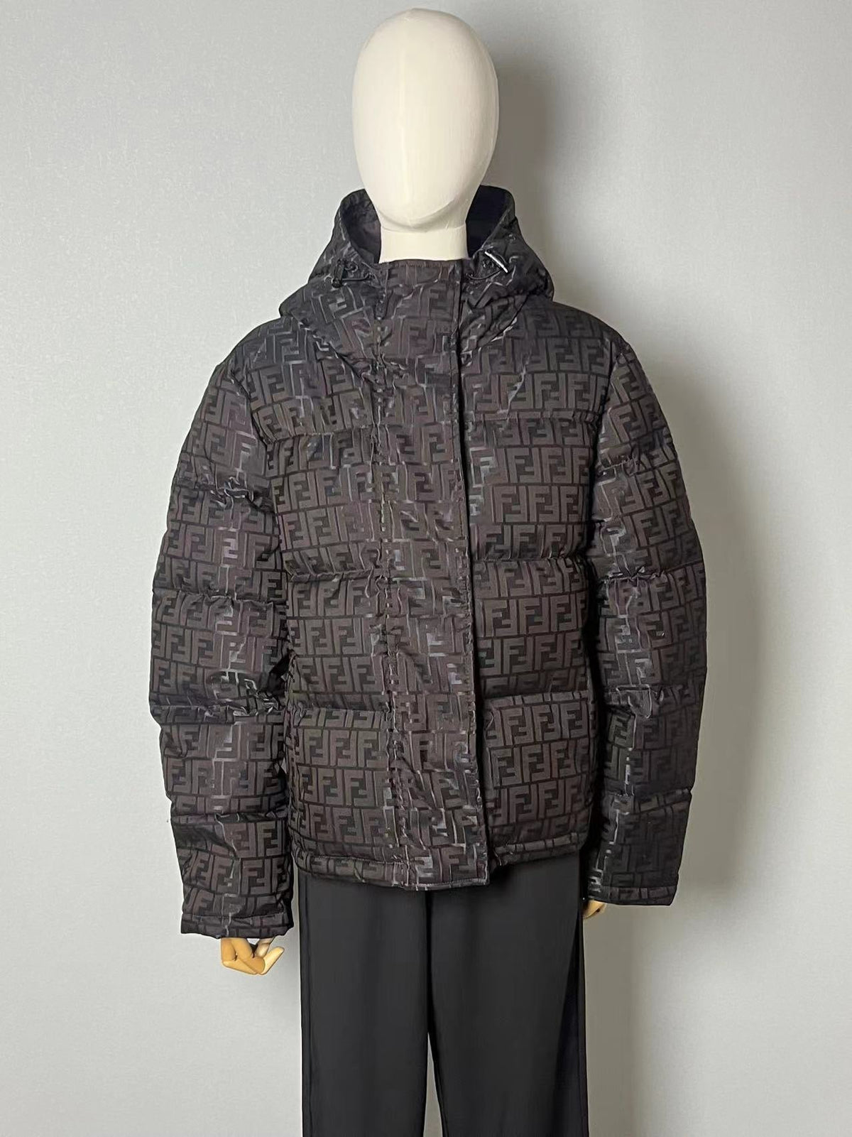 Fendi men’s brown FF monogram hooded puffer jacket