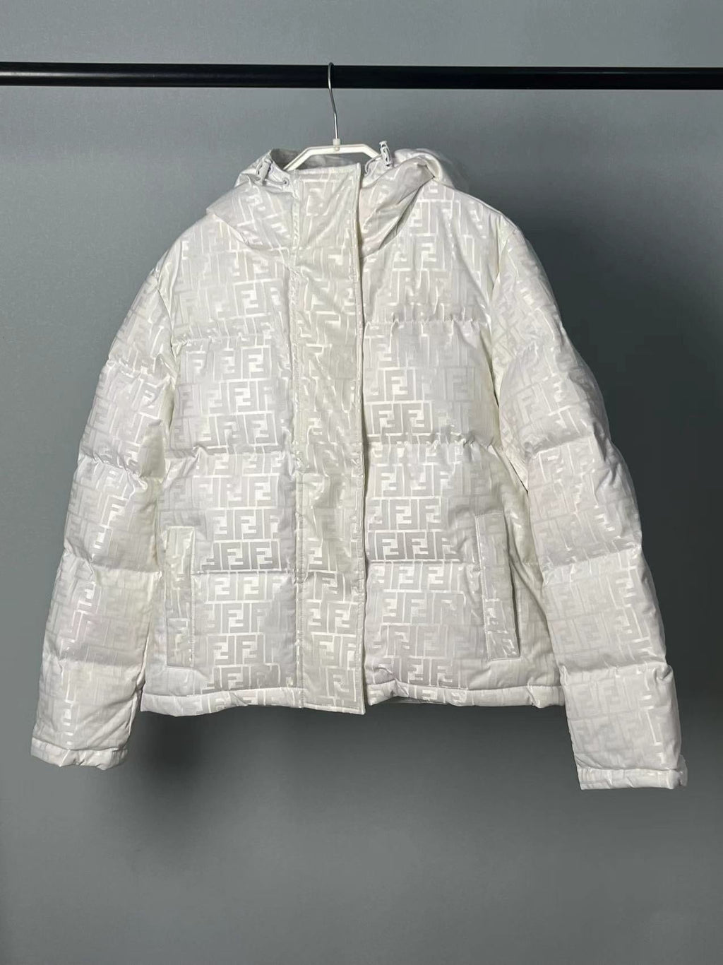 Fendi women’s cream white FF jacquard hooded puffer jacket