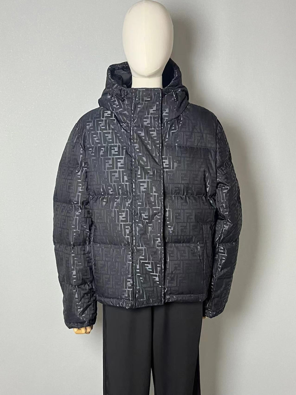 Fendi women’s black FF jacquard hooded puffer jacket