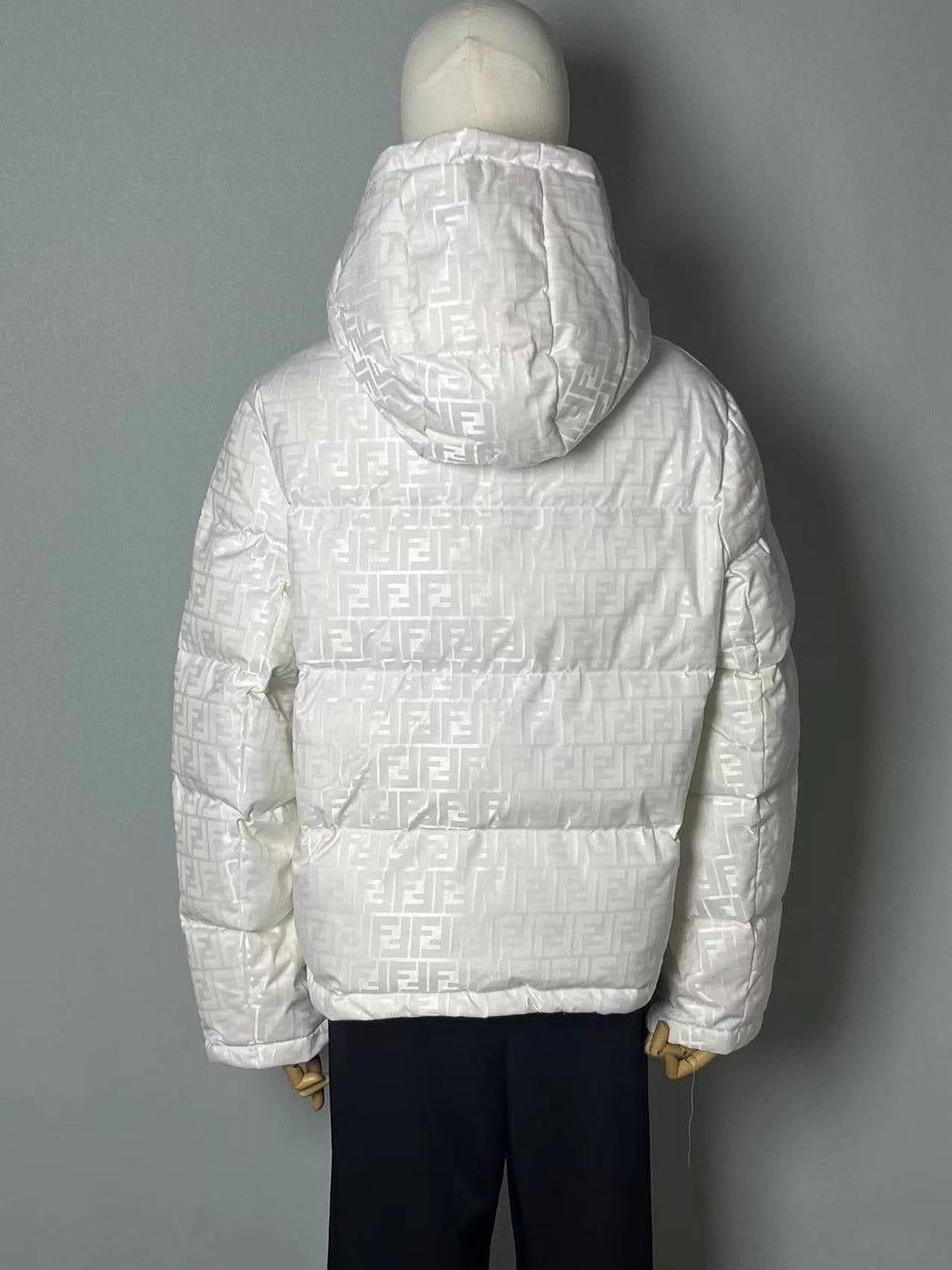 Fendi women’s cream white FF jacquard hooded puffer jacket