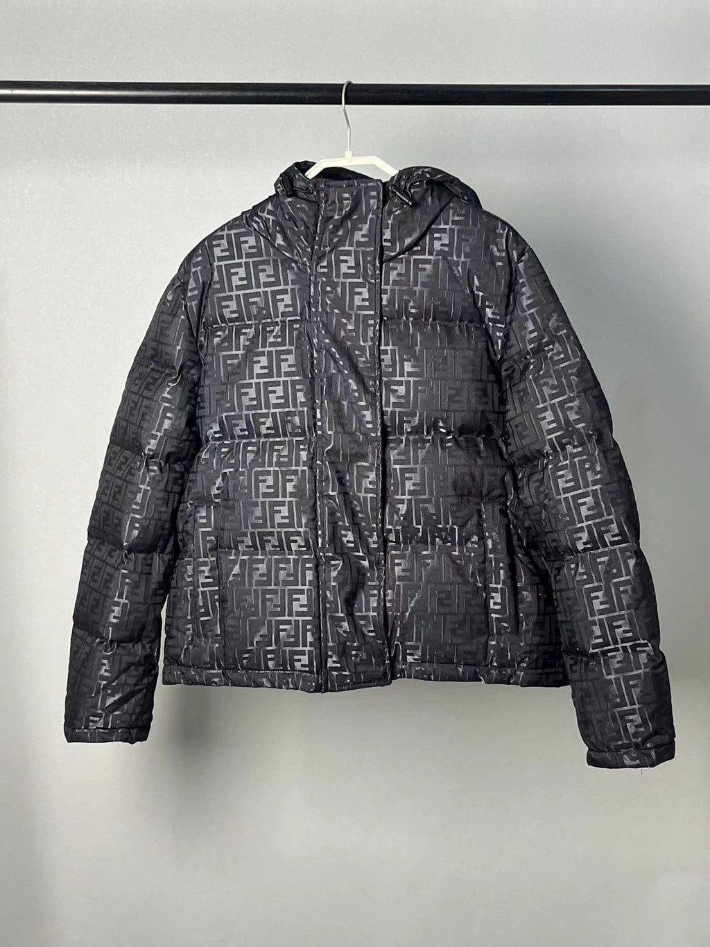Fendi women’s black FF jacquard hooded puffer jacket