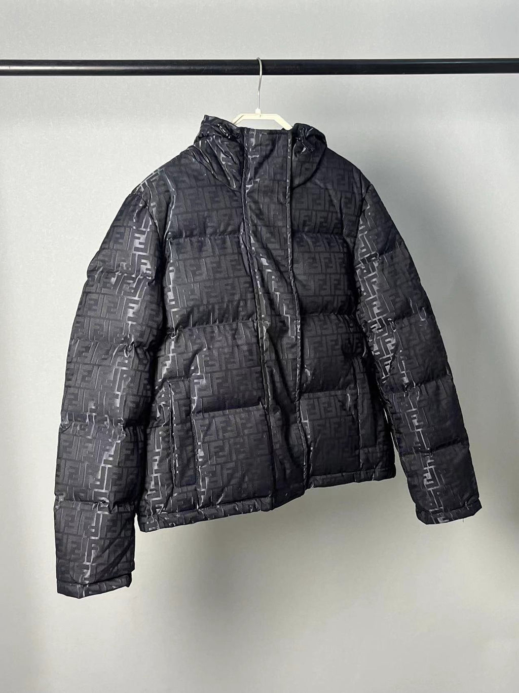 Fendi women’s black FF jacquard hooded puffer jacket