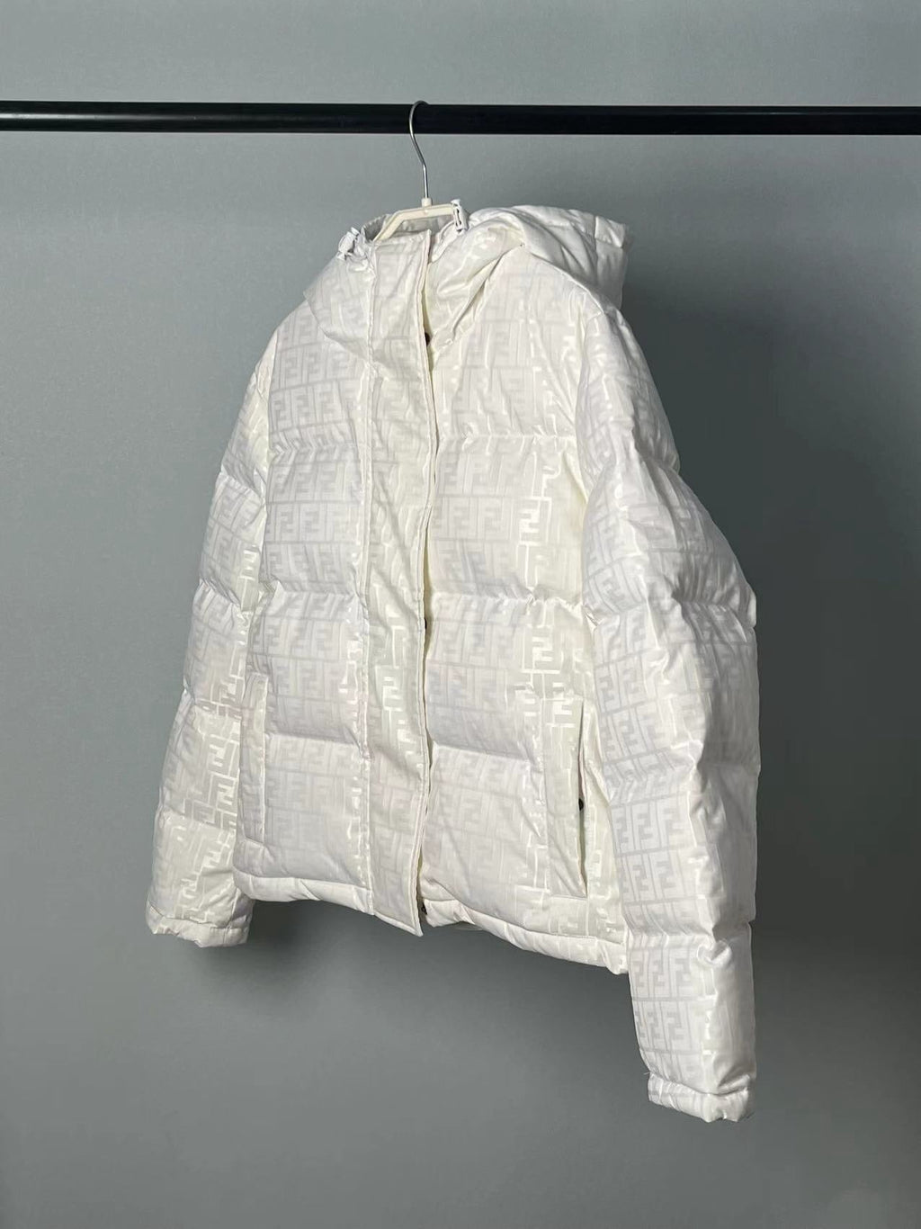 Fendi women’s cream white FF jacquard hooded puffer jacket