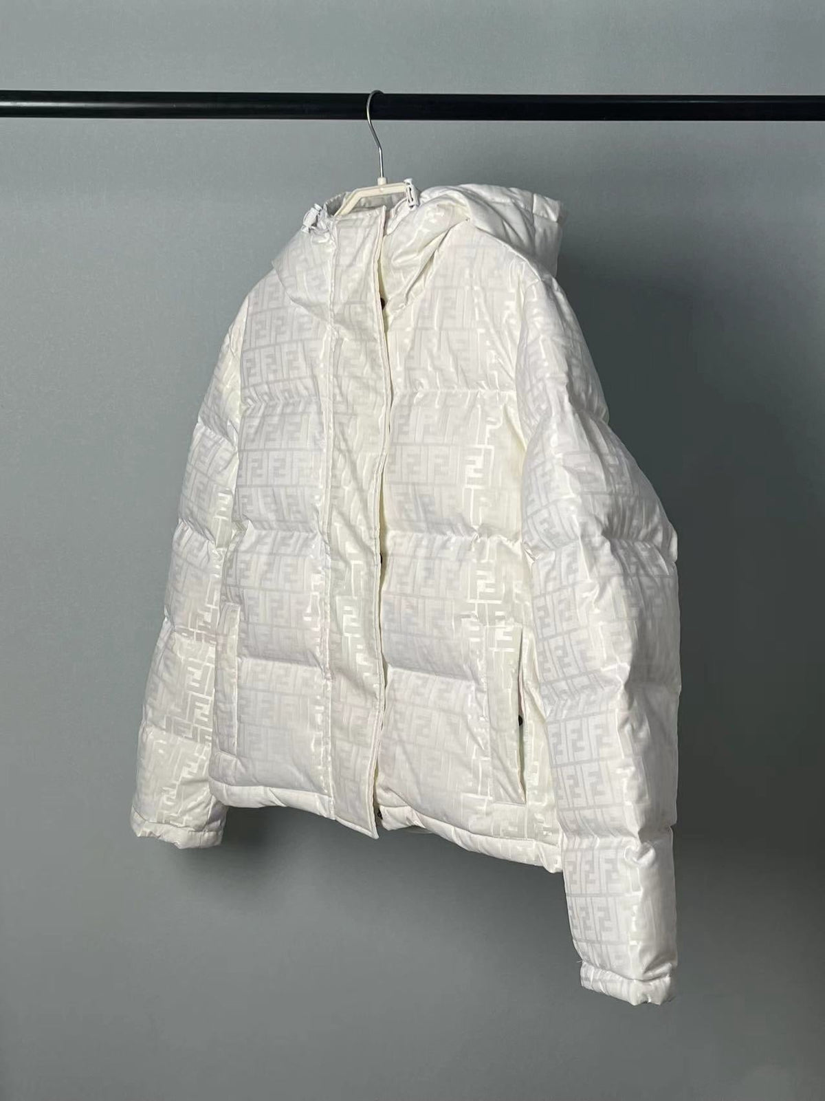 Fendi women’s cream white FF jacquard hooded puffer jacket
