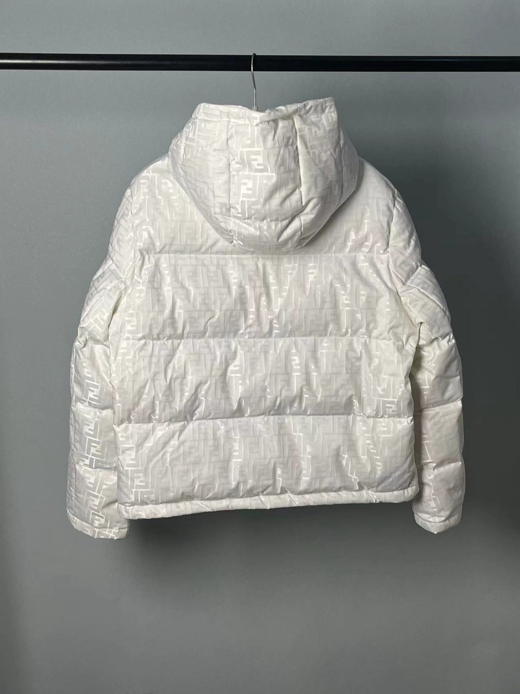 Fendi women’s cream white FF jacquard hooded puffer jacket