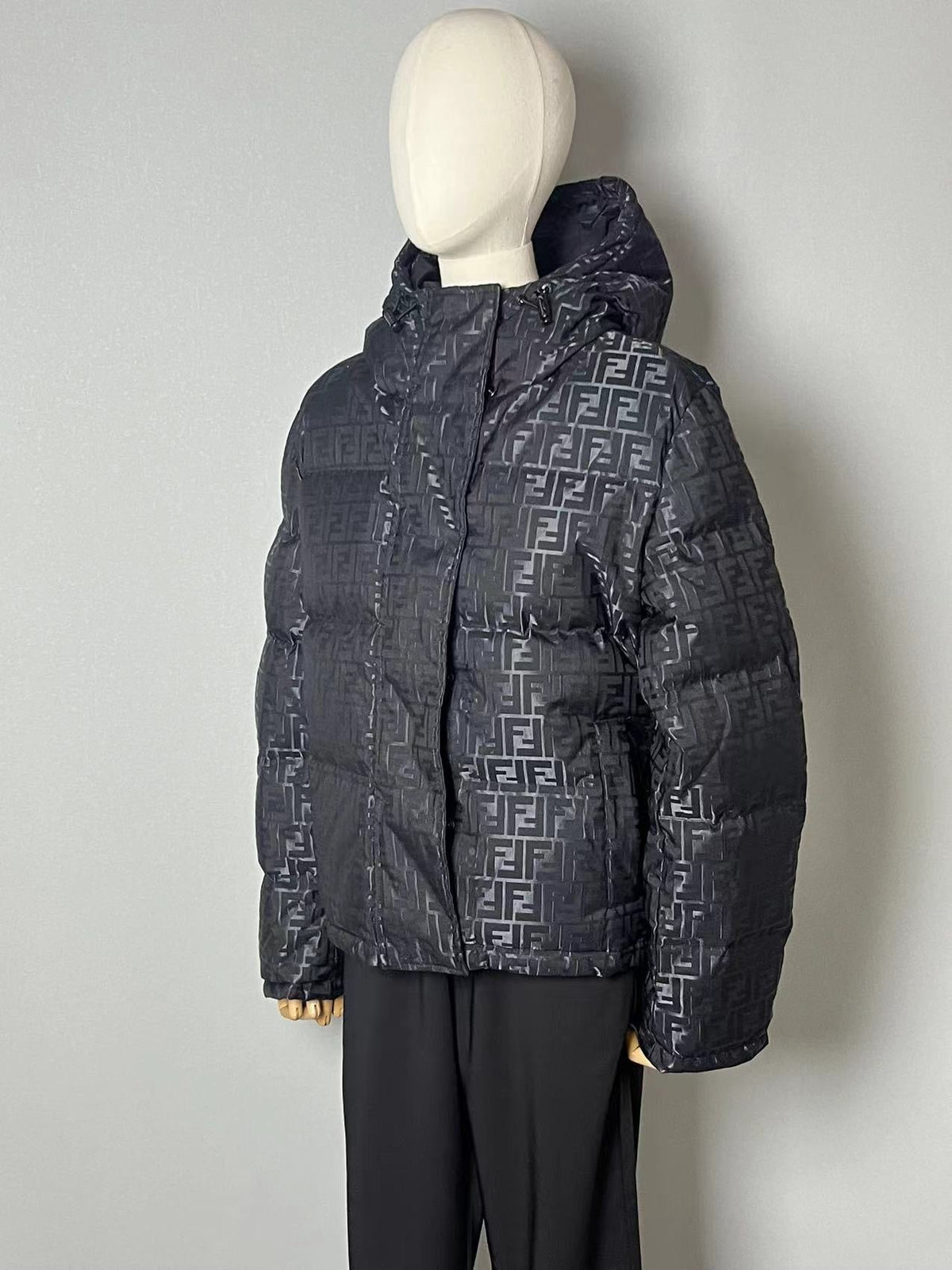 Fendi women’s black FF jacquard hooded puffer jacket