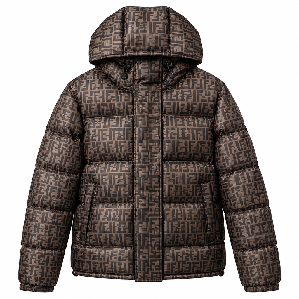 Fendi men’s brown FF monogram hooded puffer jacket