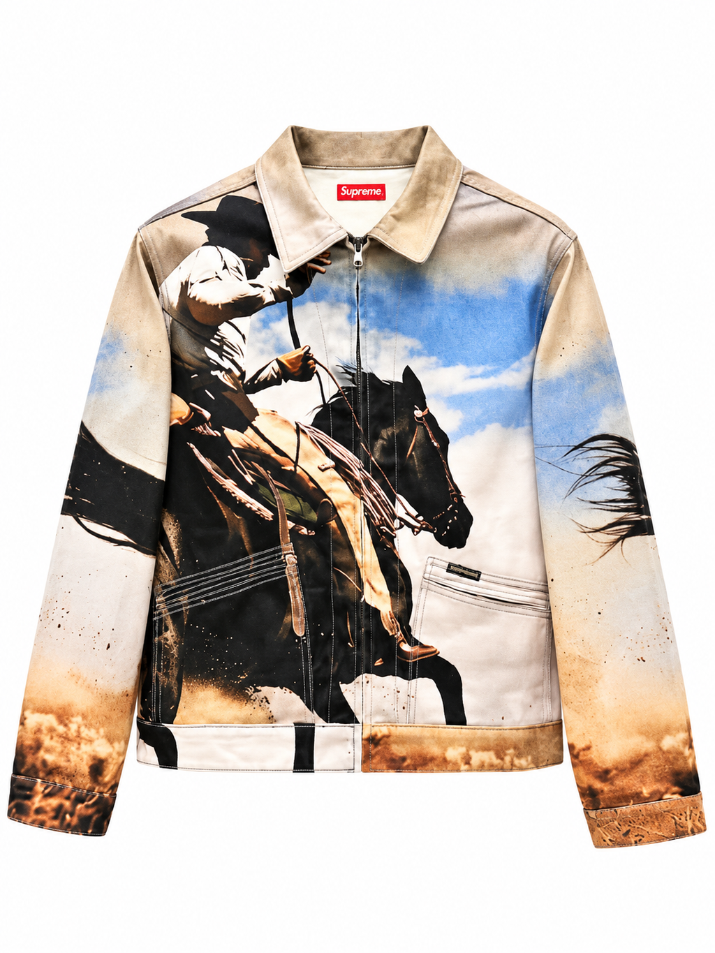 Supreme men’s multi tan Cowboy Jim Krantz graphic denim work jacket