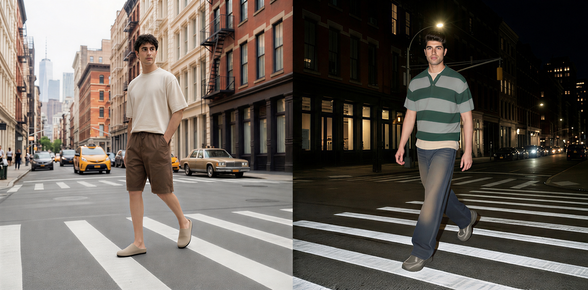 A split-screen lifestyle image showing a male model walking across a city crosswalk in two different outfits. The left side shows him in a beige t-shirt and brown shorts during the day, and the right side shows him in a green and white striped polo shirt and dark jeans at night.