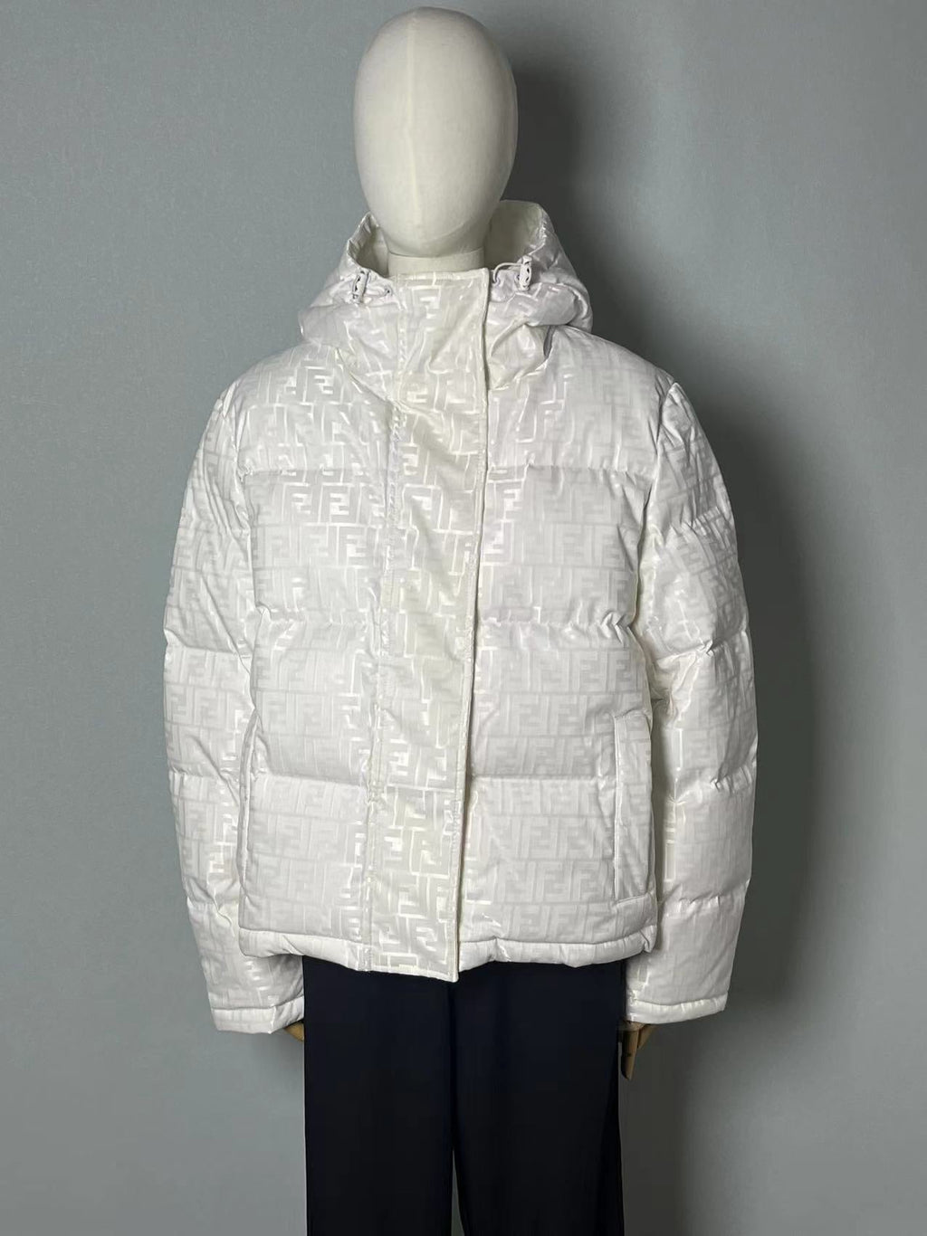 Fendi women’s cream white FF jacquard hooded puffer jacket