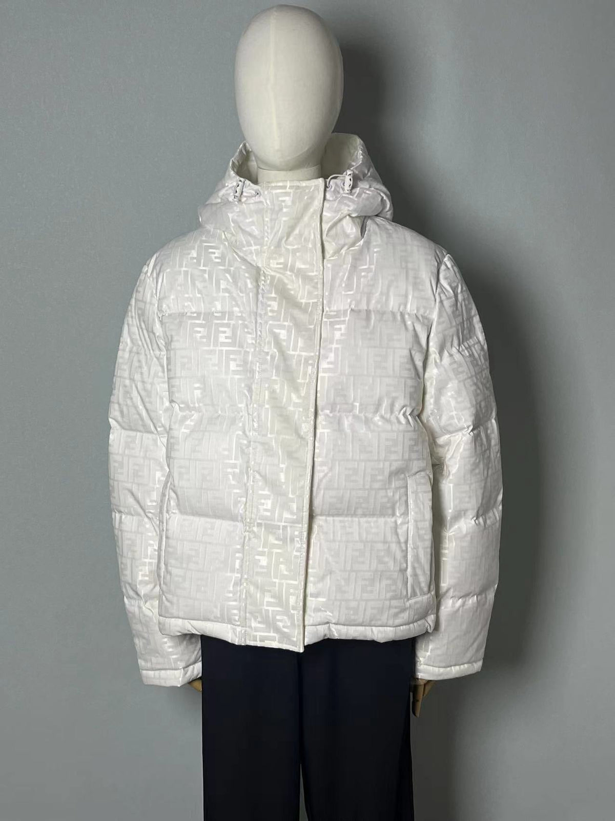Fendi women’s cream white FF jacquard hooded puffer jacket
