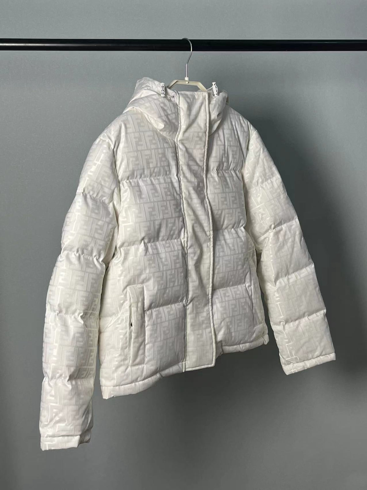 Fendi women’s cream white FF jacquard hooded puffer jacket