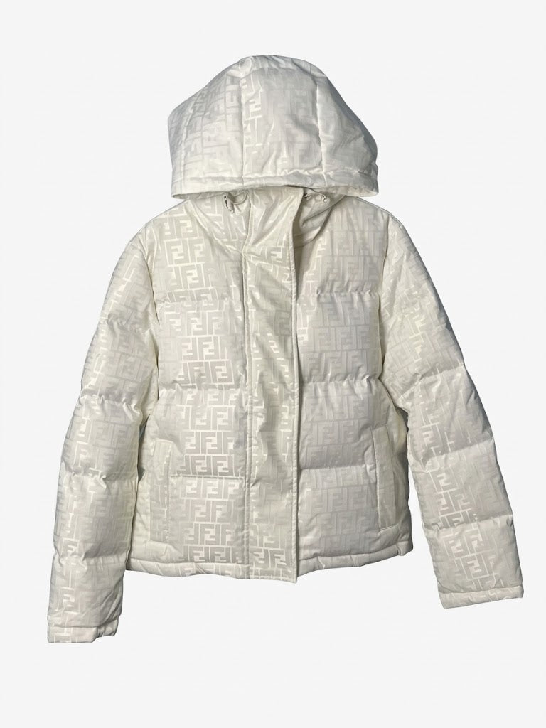 Fendi women’s cream white FF jacquard hooded puffer jacket