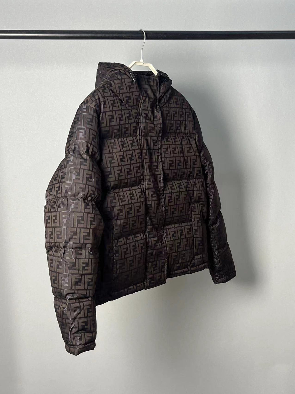 Fendi men’s brown FF monogram hooded puffer jacket