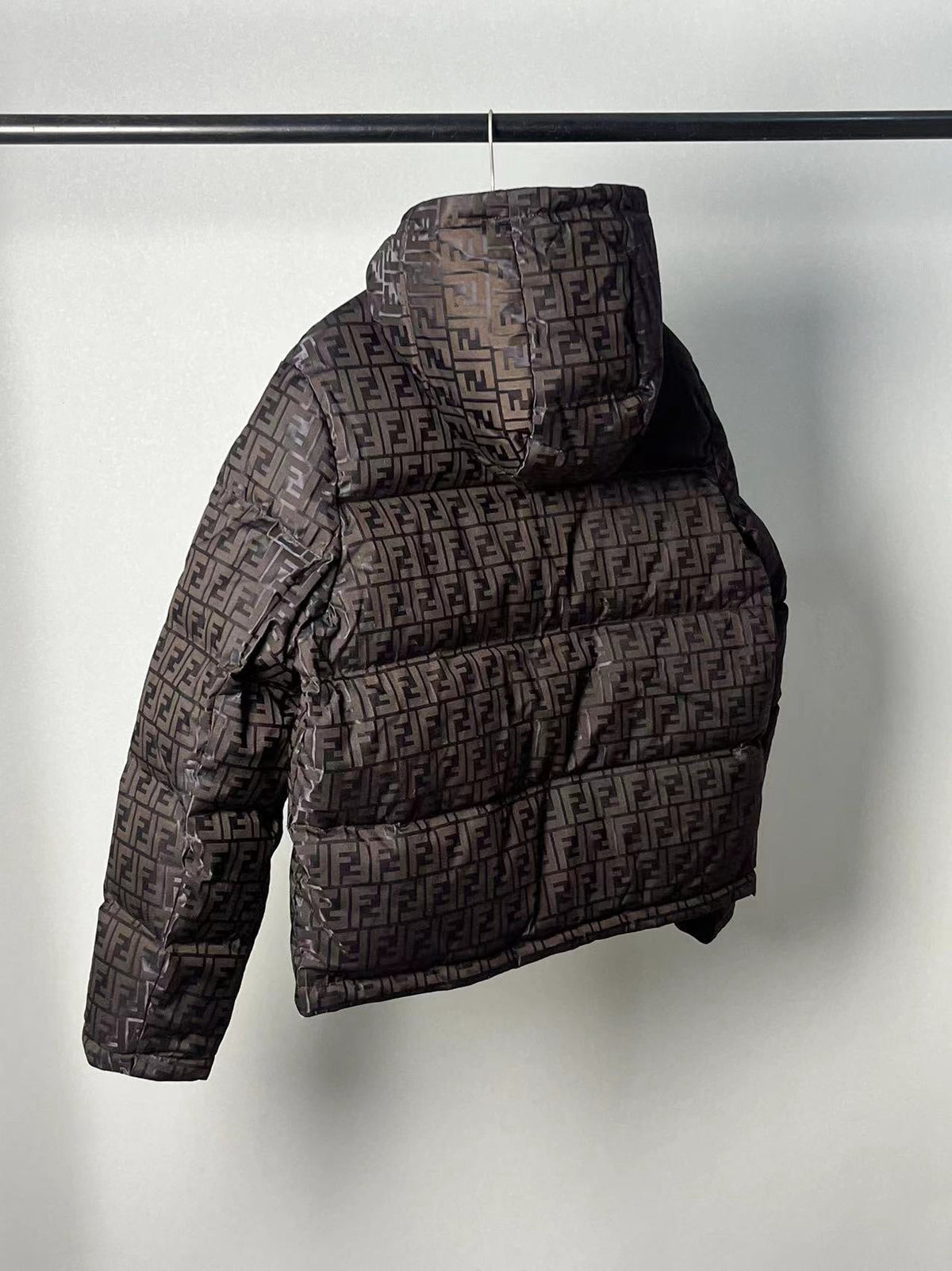 Fendi men’s brown FF monogram hooded puffer jacket
