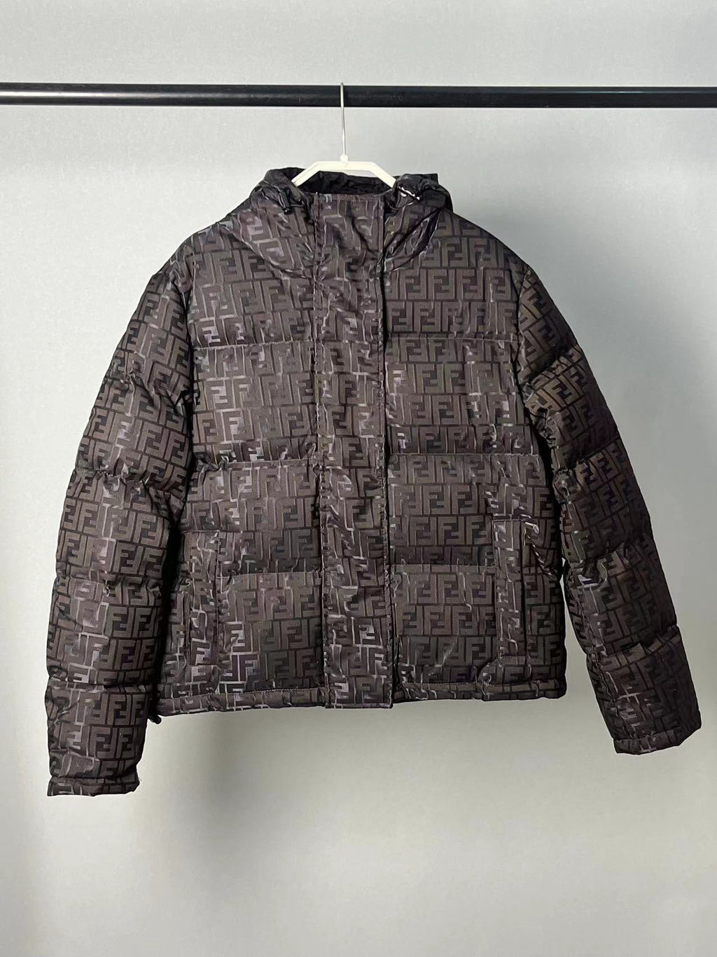 Fendi men’s brown FF monogram hooded puffer jacket