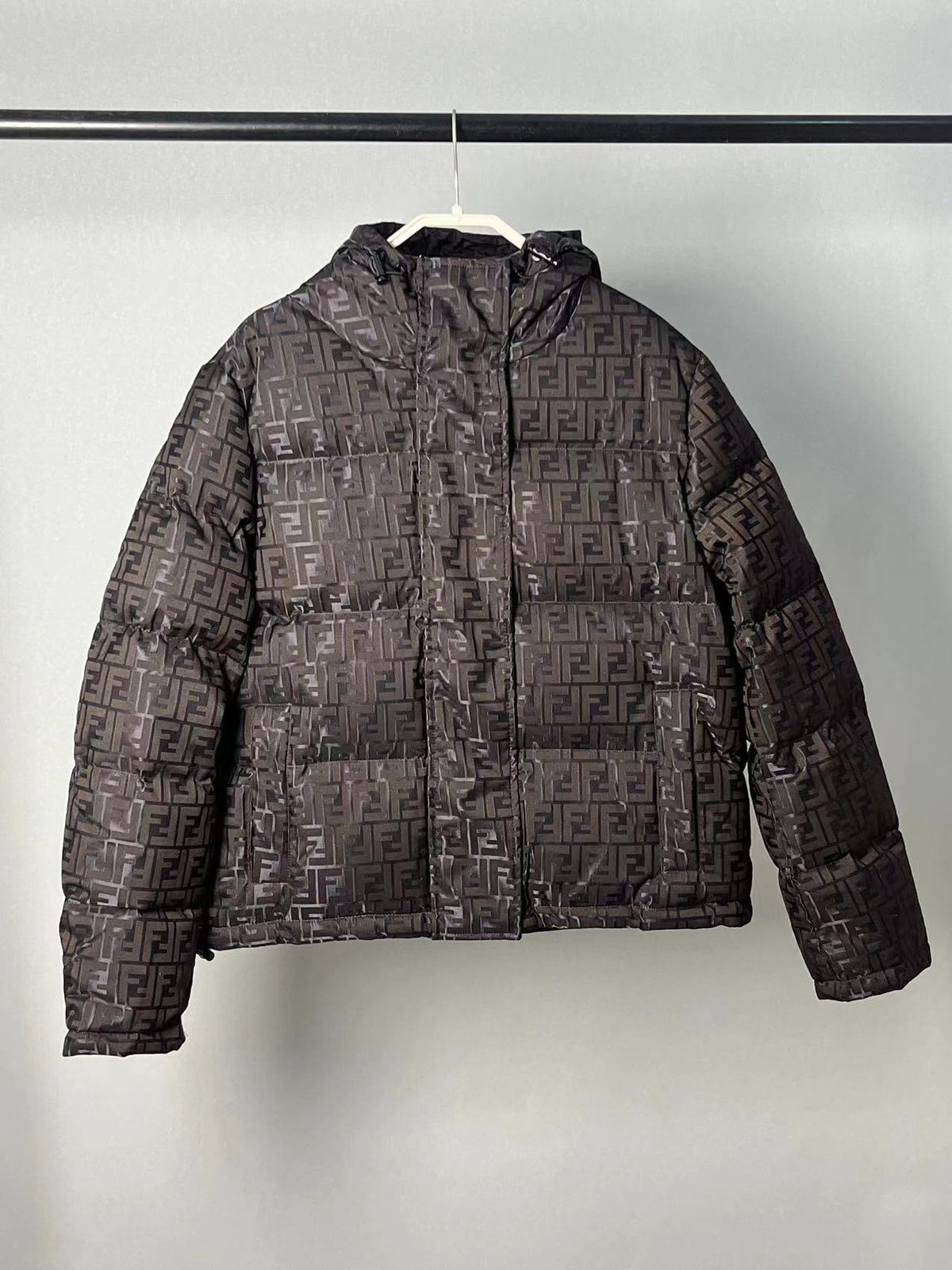 Fendi men’s brown FF monogram hooded puffer jacket