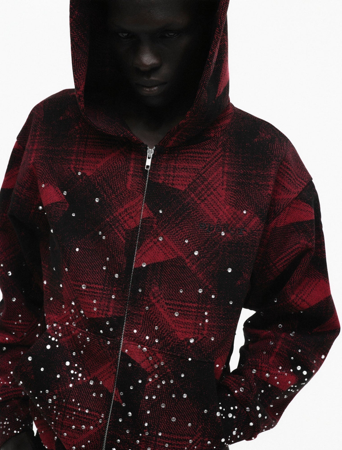 Sp5der Star Plaid Full Zip Hoodie - Black